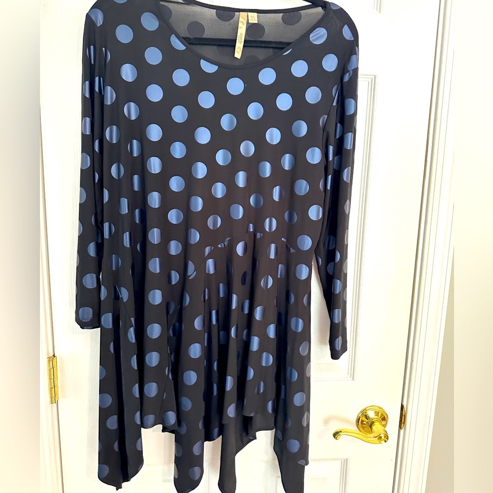 Comfy USA Black and Blue Polka Dot Blouse